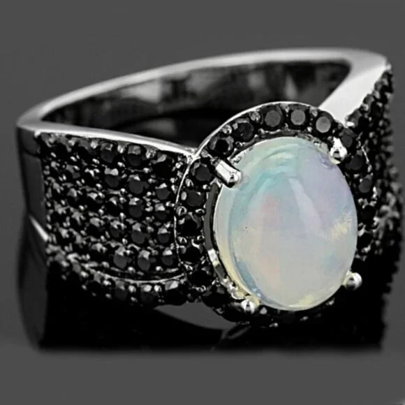 Ethiopian Opal ✦ Black Spinel Ring ✦ 925 Rhodium Oval Fire Gemstone Sz 5 NWT - Picture 3 of 6